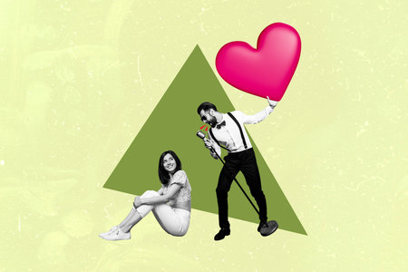 Artwork magazine picture collage of cool singer gentleman holding microphone serenade for cute lady...