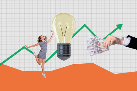 Creative collage of arm hold dollar bills excited mini girl jump light bulb growing arrow stats upwards isolated on checkered backgroundの写真素材