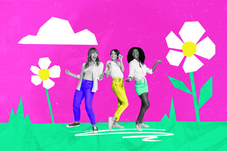 Creative magazine collage image of happy smiling girlfriends dancing having fun together isolated...