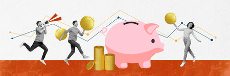 Creative 3d photo artwork graphics collage painting of purposeful team collecting coins money box isolated drawing backgroundの写真素材
