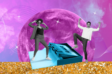 Creative abstract template graphics collage image of funny happy couple enjoying vintage party isolated colorful backgroundの写真素材