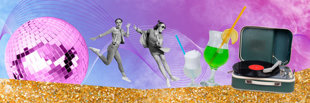 Creative collage picture of two excited carefree black white colors girls dancing jumping huge disco ball vinyl record player cocktail glassの写真素材