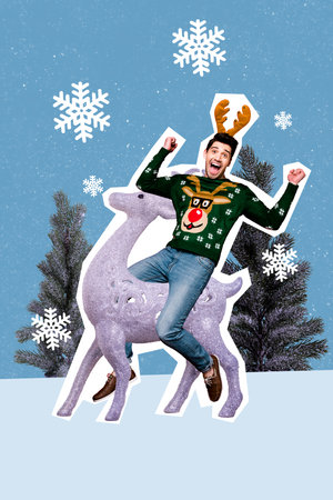 Vertical greeting image collage of cheerful happy guy riding reindeer evergreen forest isolated on drawing backgroundの写真素材