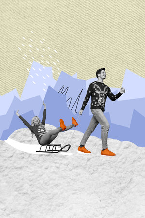 Collage sketch image of cheerful funky couple enjoying xmas activities together isolated painting backgroundの写真素材