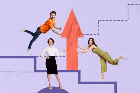 Creative abstract template graphics collage image of purposeful workers working in team achieving success isolated violet color backgroundの写真素材