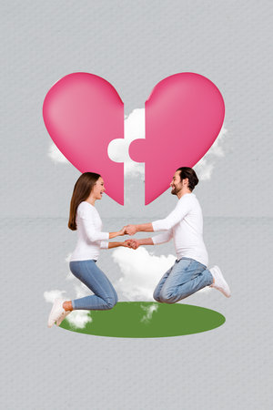 Creative drawing collage picture of young couple hold hands jump puzzle heart date valentine day concept bizarre unusual fantasy billboardの写真素材