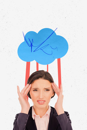 Vertical collage picture of unsatisfied girl hands fingers touch temples suffer headache drawing cloud above head isolated on white backgroundの写真素材