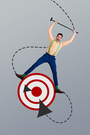Vertical creative collage image of funny young gentleman hold walking cane celebrate target darts board bizarre unusual fantasy billboardの写真素材