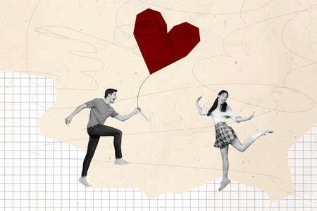 Image collage of two people young couple people having fun give surprise red air balloon heart shape isolated on beige color backgroundの写真素材