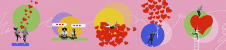 Creative drawing collage picture of funny cute couple panorama valentine day love dating concept...