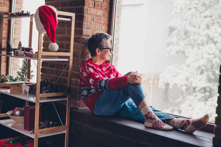 Full body size photo of thoughtful grandmother in comfortable living room sitting on windowsill look far away during new year holidayの写真素材