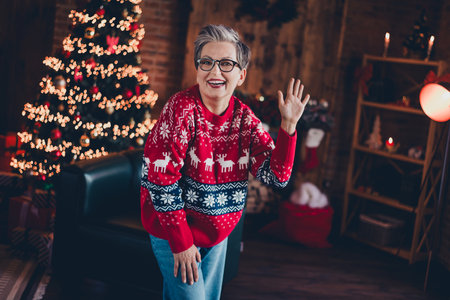 Portrait of positive aged lady arm palm waving hi greeting christmas decorated tree lights house indoorsの写真素材