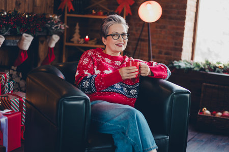 Portrait of positive nice aged lady sit cozy chair hold fresh hot coffee mug christmas decoration apartment insideの写真素材