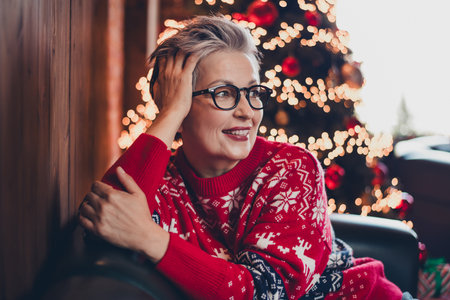 Portrait of minded cheerful grandmother sit sofa look curious away fantasize cozy christmas harmony flat indoorsの写真素材