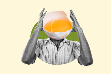 Collage image sketch of upset man two hands touching face egg instead head isolated on drawing backgroundの写真素材