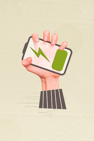 Image collage picture of arm hold modern device phone accumulator full battery energy charge isolated on drawing backgroundの写真素材