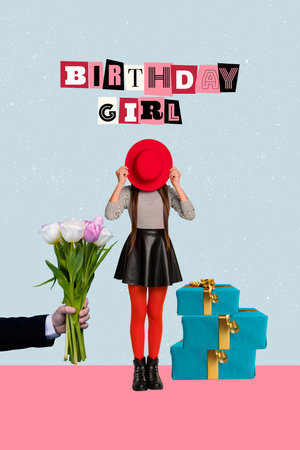 Creative abstract template collage of funny young girl celebrate birthday cover hat face shy receive bouquet magazine surrealism metaphorの写真素材