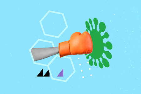 Collage photo poster of fighting boxing glove destroying flu bacteria kill coronavirus during global pandemic isolated on blue backgroundの写真素材