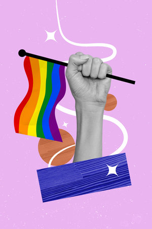 Concept of support lgbt rights in world collage hands holding lesbian gay bisexual transgender symbol multicolor flags over pink backgroundの写真素材
