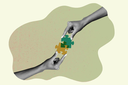 Collage poster picture of people playing game completing jigsaw puzzle isolated on drawing backgroundの写真素材