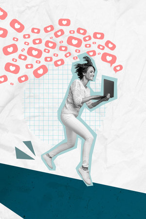 Vertical collage picture illustration enjoy happy girl hold laptop type message reaction like followers popular sketch backgroundの写真素材