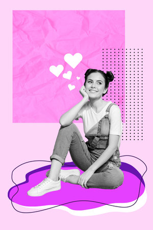 Poster collage picture of nice cheerful happy dreamy girl falling in love isolated on purple color drawing backgroundの写真素材