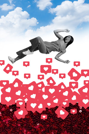 Vertical collage banner poster picture young woman delighted smiling lying heart icons notification...