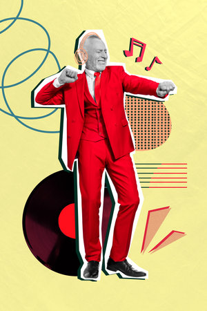 Collage vertical creative photo full size elder retired funky man dancing party retro style vinyl plate clubbing party beige backgroundの写真素材