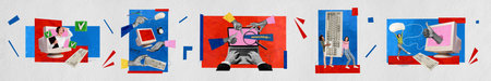 Creative poster collage of panorama collection working process employee computer online freelance...