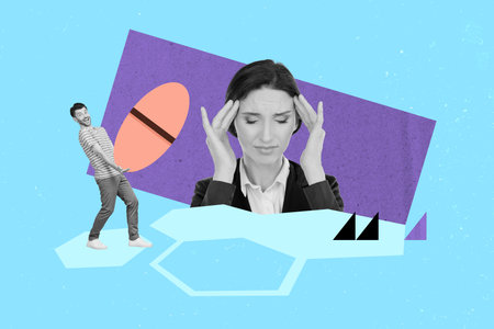 Creative abstract conceptual photo collage medicine importance changing weather take pills during migraine isolated on blue backgroundの写真素材