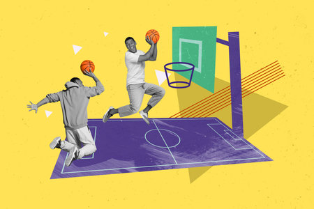Collage image of two black white effect guys jumping throw ball basket drawing court isolated on...