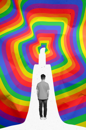 Vertical creative collage image of young man look hippie rainbow colors hallucination surrealism metaphor psychedelic unusual fantasyの写真素材