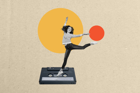 Collage image illustration charm lovely lady jump up dance ballet stretch disco nightclub cassette...