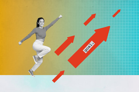 Creative abstract template collage of funny young female hurry arrow point reach goal achieve bizarre unusual fantasy billboard comicsの写真素材