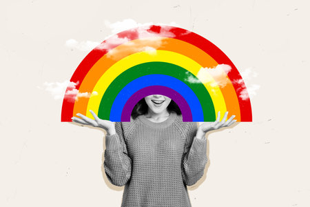 Artwork magazine collage picture of excited smiling lady holding colorful rainbow cover close eye isolated grey color backgroundの写真素材