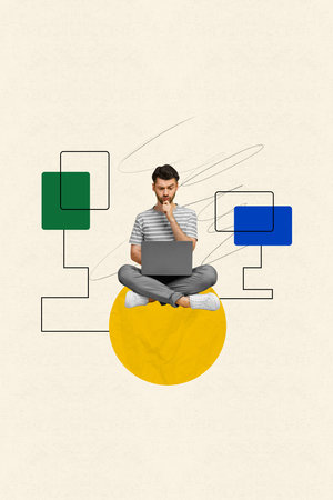 Vertical collage illustration picture sitting thoughtful young guy browsing computer studying tasks plan strategy success managementの写真素材