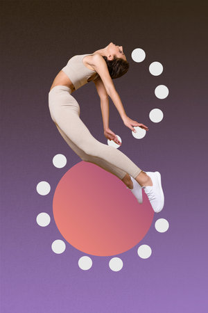 3d retro abstract creative artwork template collage of funny young female meditation yoga...