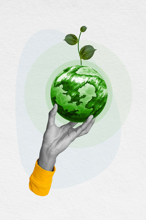 Vertical creative photo collage of human hand arm holds earth planet globe with green plant sprout concept of ecological problems care nature on drawing backgroundの写真素材