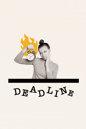 Collage picture poster of unhappy girl hold watch burning deadline schedule isolated on painted backgroundの写真素材