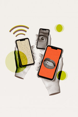 Artwork collage sketch of hands hold modern device smartphone reading post wifi connection isolated on drawing backgroundの写真素材