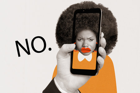 Image collage sketch of man blogger recording video depressed sad woman saying no isolated on drawing backgroundの写真素材