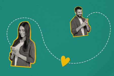 Artwork collage of two black white effect people use smart phone chatting texting heart symbol isolated on turquoise backgroundの写真素材