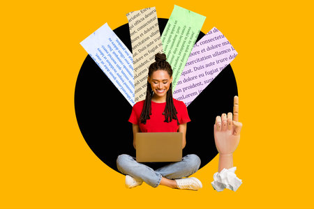 Collage picture of positive girl sitting with laptop writing blog author popular journalism content in media isolated on yellow backgroundの写真素材