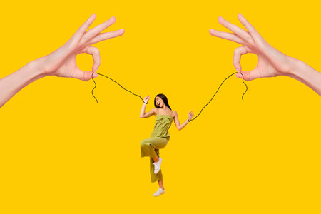 Picture illustration collage of hands holding manipulating funny woman puppet hands exploitation...