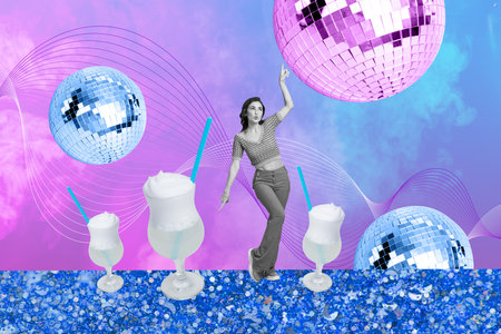 Creative abstract template collage of funny young female touch cocktail discoball vintage party...