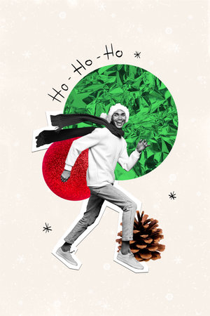 Composite collage image of funny man running outside enjoy weather christmas new year greeting card template holiday x-mas congratulationの写真素材