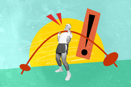 Horizontal photo collage of fit retired senior man lift heavy barbell sportswear motivation healthy lifestyle practice on drawing outdoors backgroundの写真素材