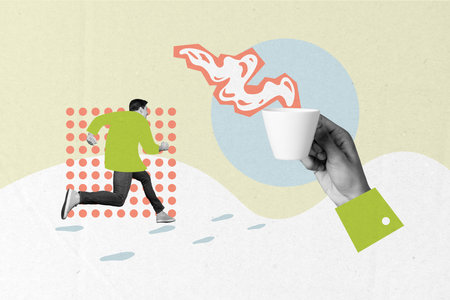 Creative trend collage of funny man running fast coffee cup christmas new year greeting card...