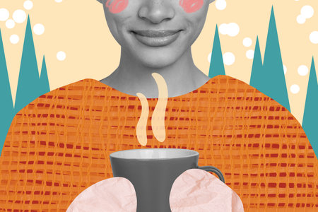 Collage portrait of cropped face black white effect girl hold fresh hot coffee cup snowfall painter forest trees isolated on creative backgroundの写真素材