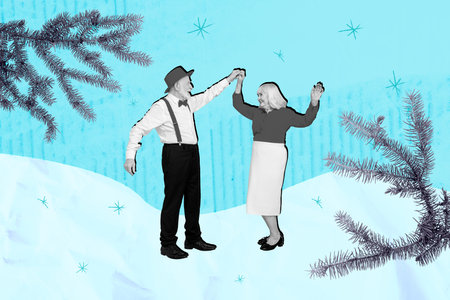 Creative collage of two carefree elegant aged partners hold hands dance snowflakes tree branch isolated on blue backgroundの写真素材